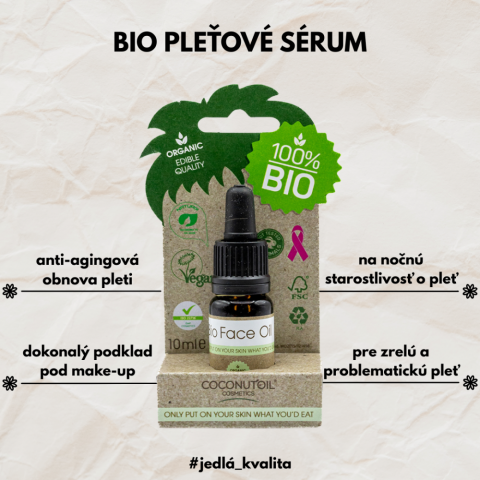 Coconutoil Bio Pleťové Sérum Anti-aging 10 ml s bio za studena lisovanými olejmi na hydratáciu, výživu a regeneráciu pleti.
